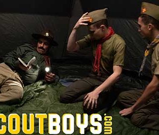 Young scouts Austin and Jack finish their evening chores and join Scoutmaster Cox in their tent. Tired from a full day adventuring out in the woods, and spending time with the other boys at camp...