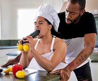 While cooking, August Alexander starts daydreaming about Armond sucking on a huge cucumber and lemons for balls. The daydream takes a realistic turn and they both have sex.