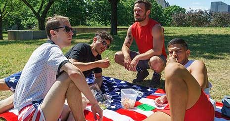 There's nothing quite like celebrating America's Independence Day with a picnic at the park. You know, lots of stars, stripes, food, and friendly competition! After a fun day at the park, these sons convince their dads to do more pushups.