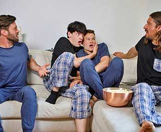 Edward Terrant and Brent North tell their respective stepdads Darenger and James Fox to come and watch a movie with them. The boys choose a documentary so Darenger and James instantly fall asleep...