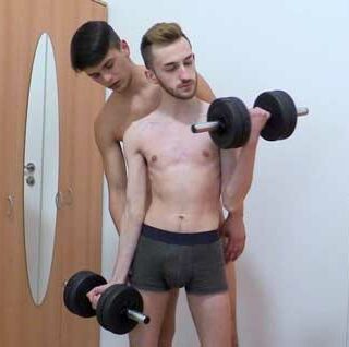 This tall hunk gives his twink buddy a lesson in fitness while their roommate tries to study for his biology exam. Things start getting too hot for the studious guy...