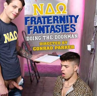 Kyle Wyncrest is on doorman duty at the frat's big Friday party. When pledge Evan Knoxx shows up without the requisite two hot girls in tow, Kyle suggests Evan earn entry in a hornier way.