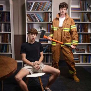 College student Joey Mills pulls the fire alarm to get out of a test, but he immediately gets caught by hot firefighter Finn Harding, who chastises the thoughtless twink with an over-the-knee spanking.