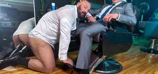 Walking by the barbershop, Mark Vallant notices Bruce Beckham getting a clean shave and decides to walk in for a trim too. When Bruce is done, the suited stud unexpectedly tells Mark to enjoy