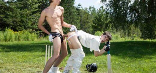 Batsman Leo Louis gets a great shot, and wicket keeper Sam Ledger is so astounded by the sight of that big dick bouncing as he runs, he knocks the bails off the stumps!