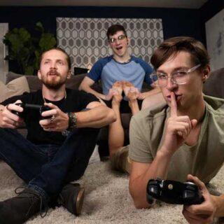 Harrison Todd gets horny while gaming with his buddy, but his friend would rather play solo than play with Harrison's joystick. As he sits on the couch, Shae Reynolds starts rubbing his shoulders