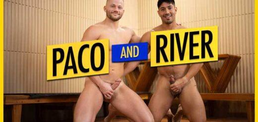 As Paco joins River in the sauna, he lets his towel gape just enough to put his bulge at eye level. The guys start subtly, then not-so-subtly, touching themselves and let their towels drop