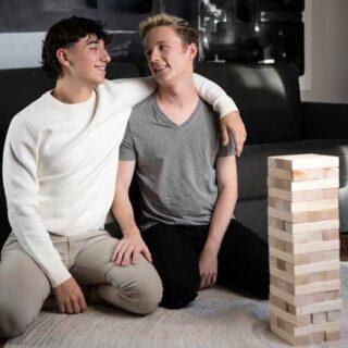 Twink Benny Fox is super bored playing a block stacking game with his pal, so Callum West proposes a way to keep it interesting: adding a strip penalty! Benny knocks over four blocks