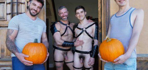 Ian and his stepson Dakota arrive at Harrison and his stepdad Cole’s place for one promising Halloween party. Carrying their pumpkins, they knock on the hosts’ door.